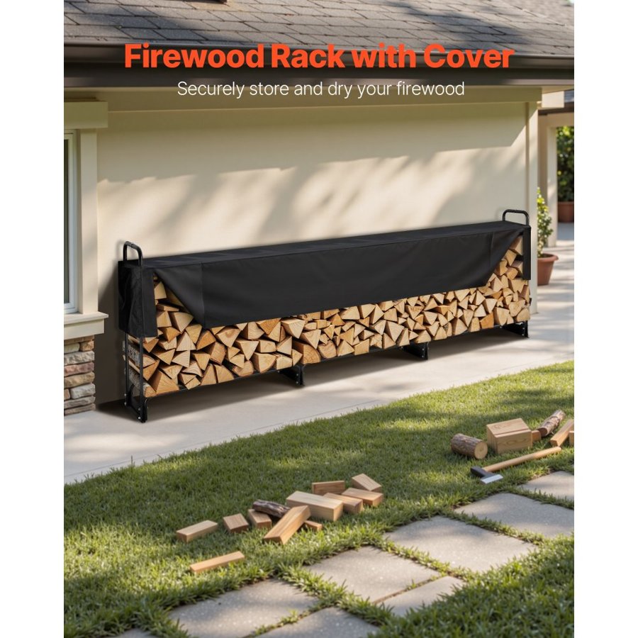 VEVOR 3.9m Outdoor Firewood Rack with Cover, 386 cm x 36 cm x 117 cm, Heavy Duty Firewood Holder & 600D Oxford Waterproof Cover for Fireplace, Patio, Indoor/Outdoor Log Storage Rack for 3/4 Cord of Firewood