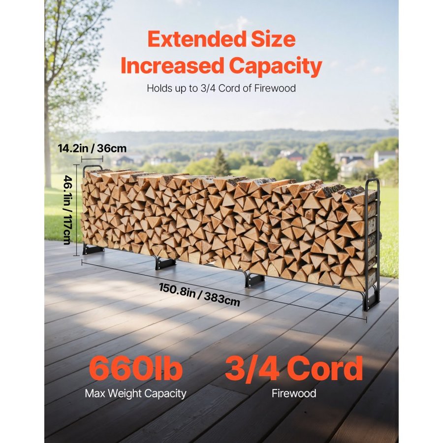 VEVOR 3.9m Outdoor Firewood Rack with Cover, 386 cm x 36 cm x 117 cm, Heavy Duty Firewood Holder & 600D Oxford Waterproof Cover for Fireplace, Patio, Indoor/Outdoor Log Storage Rack for 3/4 Cord of Firewood