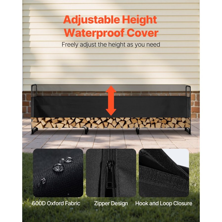 VEVOR 3.9m Outdoor Firewood Rack with Cover, 386 cm x 36 cm x 117 cm, Heavy Duty Firewood Holder & 600D Oxford Waterproof Cover for Fireplace, Patio, Indoor/Outdoor Log Storage Rack for 3/4 Cord of Firewood