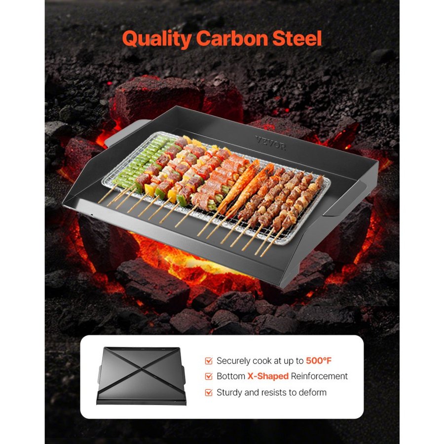 VEVOR Carbon Steel Griddle, 22x16 inch Universal Flat Top Rectangular Plate, Gas Grill Griddle for BBQ Grill, Teppanyaki, Portable Family Cookware, for Camping Tailgating Party, Black