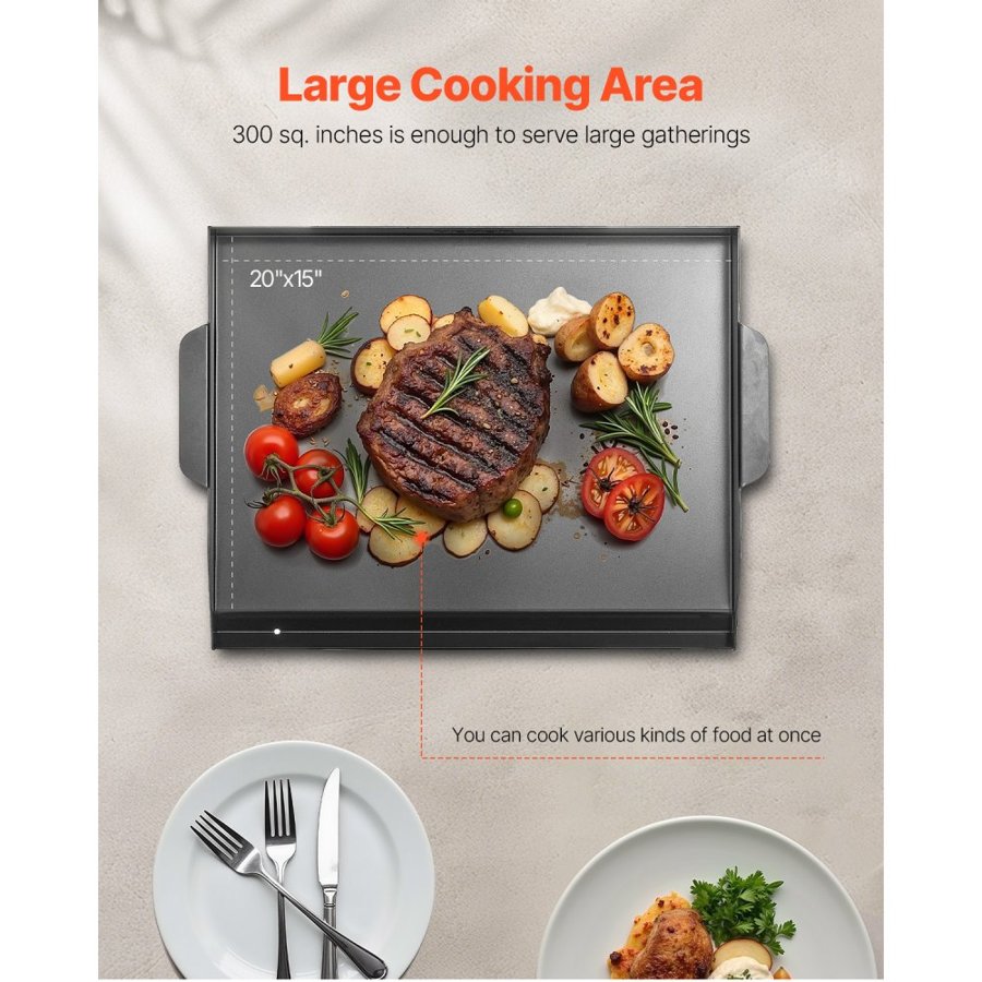 VEVOR Carbon Steel Griddle, 22x16 inch Universal Flat Top Rectangular Plate, Gas Grill Griddle for BBQ Grill, Teppanyaki, Portable Family Cookware, for Camping Tailgating Party, Black