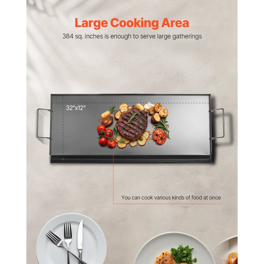 VEVOR Carbon Steel Griddle, 32x14 inch Universal Flat Top Rectangular Plate, Gas Grill Griddle for BBQ Grill, Teppanyaki, Portable Family Cookware with Handle, for Camping Tailgating Party