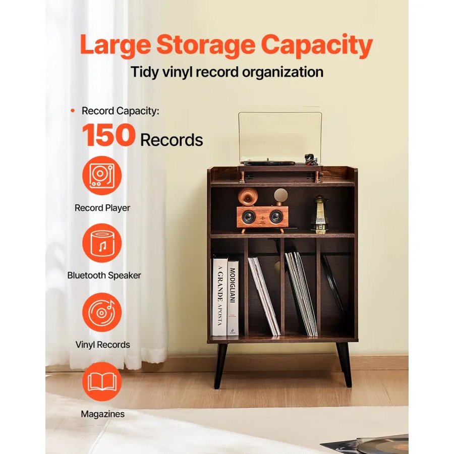 VEVOR Record Player Stand with LED Light, 3 Tiers Turntable Stand with Charging Station & USB Ports, Holds up to 150 Albums, Vinyl Record Storage Cabinet with Display Shelf for Bedroom, Living Room