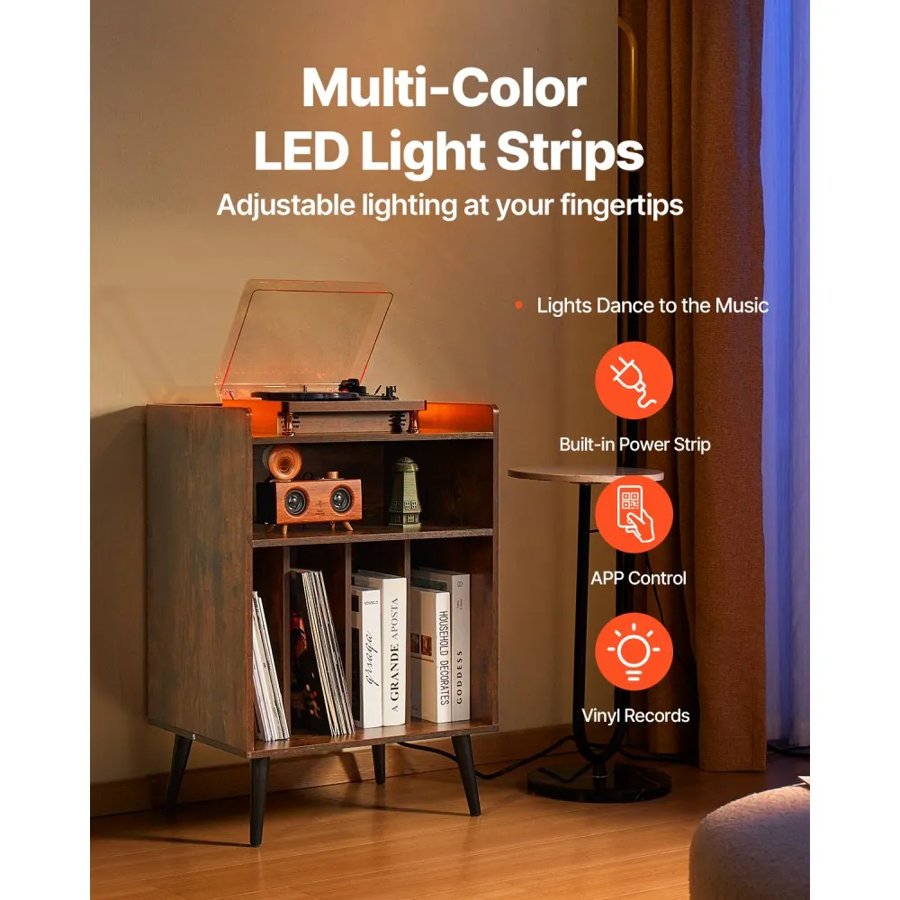 VEVOR Record Player Stand with LED Light, 3 Tiers Turntable Stand with Charging Station & USB Ports, Holds up to 150 Albums, Vinyl Record Storage Cabinet with Display Shelf for Bedroom, Living Room