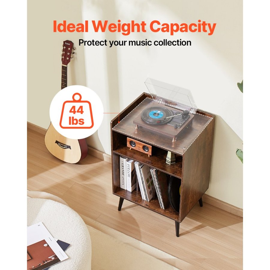 VEVOR Record Player Stand with LED Light, 3 Tiers Turntable Stand with Charging Station & USB Ports, Holds up to 150 Albums, Vinyl Record Storage Cabinet with Display Shelf for Bedroom, Living Room