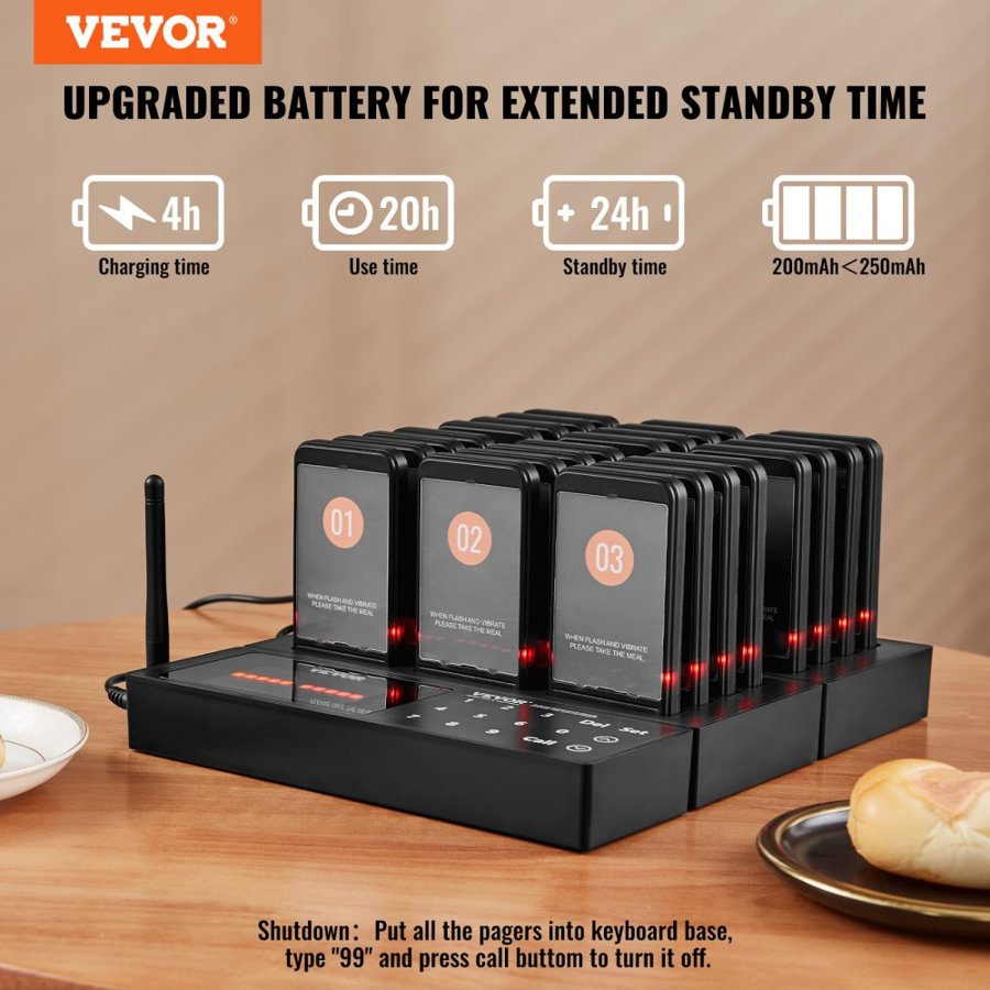 VEVOR Restaurant Pager System, Wireless 400m Long Range Lineup Waiting Queue Signal, Guest Customer Calling Beepers with Vibration & Flashing, 24 Buzzers for Food Truck, Church, Nursery, Hospital