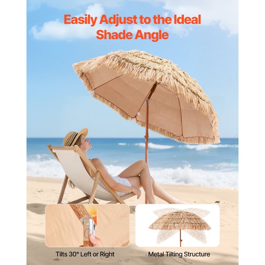 VEVOR Tiki Umbrella, 6.5 ft Thatched Patio Umbrella with Tilt, Hawaiian Style Beach Parasol with Durable PP Thatch and 8 Metal Ribs, Grass Pool Umbrellas for Beach, Patio, Poolside, Backyard & Garden