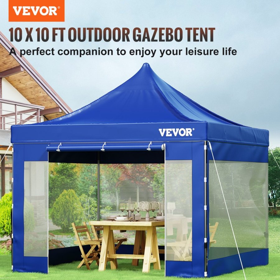 VEVOR 304.8 x 304.8 cm Pop Up Canopy Tent, Outdoor Patio Gazebo Tent with Removable Sidewalls and Wheeled Bag, UV Resistant Waterproof Instant Gazebo Shelter for Party, Garden, Backyard, Blue