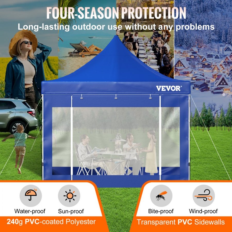 VEVOR 304.8 x 304.8 cm Pop Up Canopy Tent, Outdoor Patio Gazebo Tent with Removable Sidewalls and Wheeled Bag, UV Resistant Waterproof Instant Gazebo Shelter for Party, Garden, Backyard, Blue