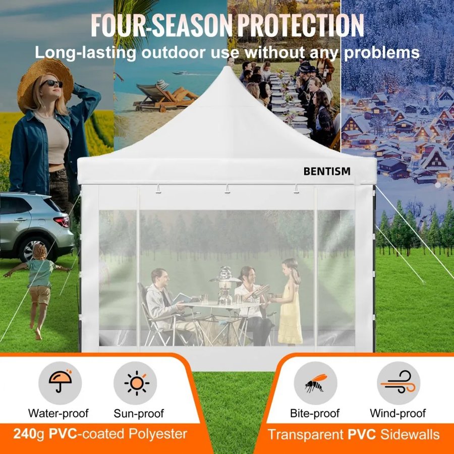 VEVOR 304.8 x 304.8 cm Pop Up Canopy Tent, Outdoor Patio Gazebo Tent with Removable Sidewalls and Wheeled Bag, UV Resistant Waterproof Instant Gazebo Shelter for Party, Garden, Backyard, White