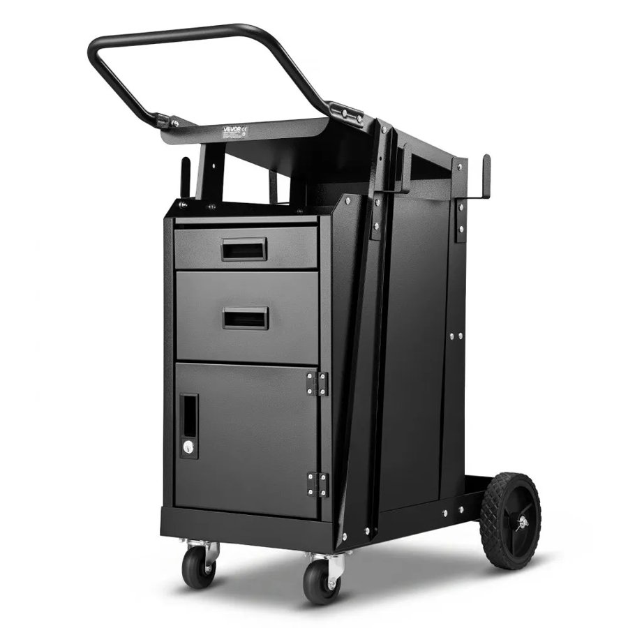 VEVOR Welding Cart, 2 Drawers Welder Cart Heavy Duty with Anti-Theft Lockable Cabinet, 350LBS Static Weight Capacity, 360° Swivel Wheels, Tank Storage Safety Chains for MIG TIG Welder, Plasma Cutter