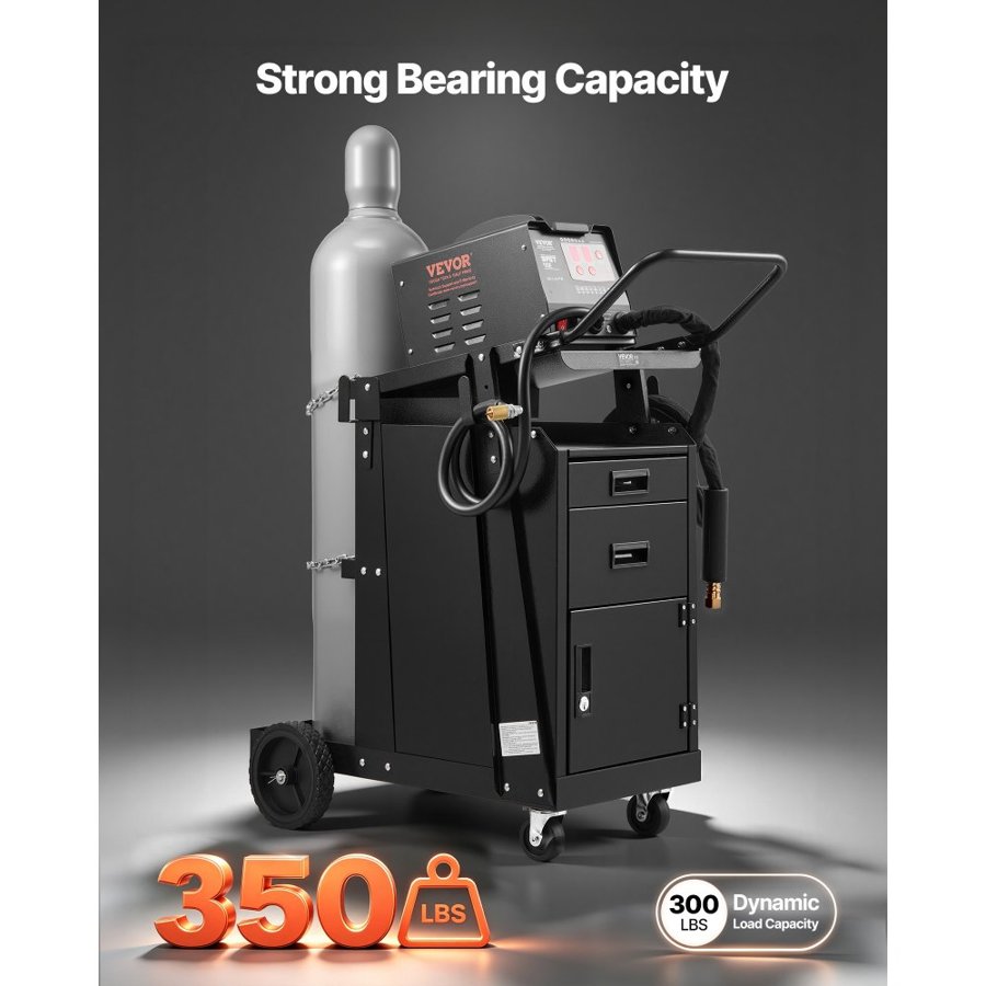 VEVOR Welding Cart, 2 Drawers Welder Cart Heavy Duty with Anti-Theft Lockable Cabinet, 350LBS Static Weight Capacity, 360° Swivel Wheels, Tank Storage Safety Chains for MIG TIG Welder, Plasma Cutter