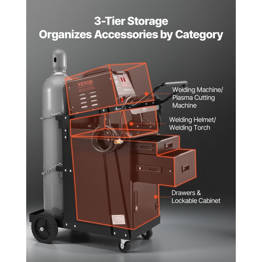 VEVOR Welding Cart, 2 Drawers Welder Cart Heavy Duty with Anti-Theft Lockable Cabinet, 350LBS Static Weight Capacity, 360° Swivel Wheels, Tank Storage Safety Chains for MIG TIG Welder, Plasma Cutter