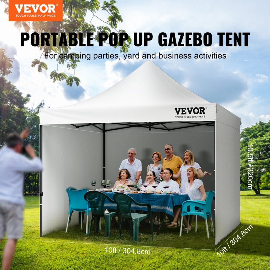 VEVOR Pop Up Canopy Tent Outdoor Gazebo Tent 304.8 x 304.8cm with Sidewalls & Bag White