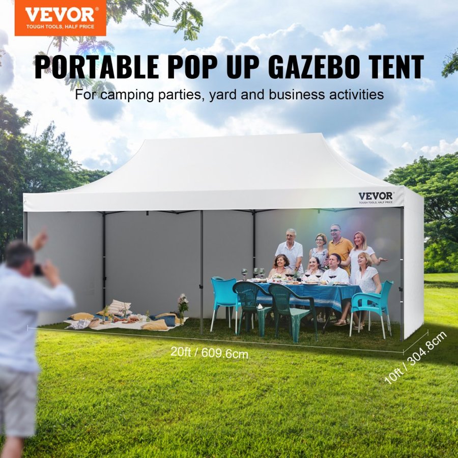 VEVOR Pop Up Canopy Tent Outdoor Gazebo Tent 3.05 x 6.1 m with Sidewalls & Bag White