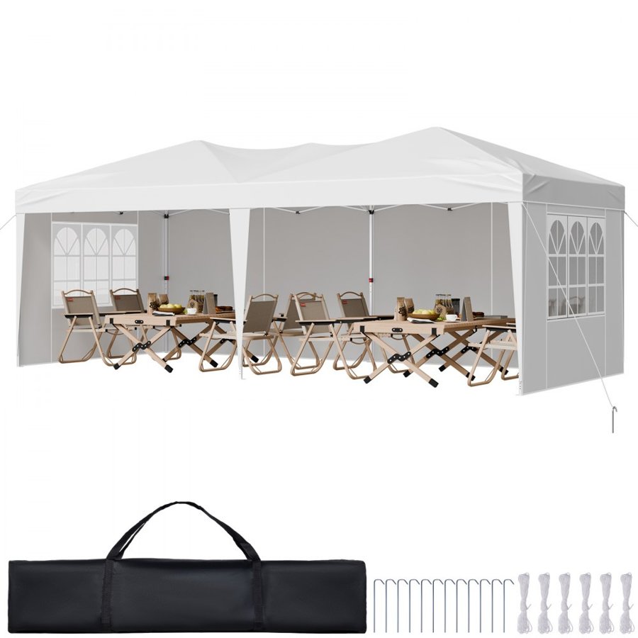 VEVOR Pop Up Canopy, 5.9 x 2.96 m Instant Canopy Portable Gazebo with 3 Sidewalls & 2 Ventilated Windows, Height Adjustable Pop-Up Outdoor Shelter Tent for Events, Patio, Backyard, Party, Parking