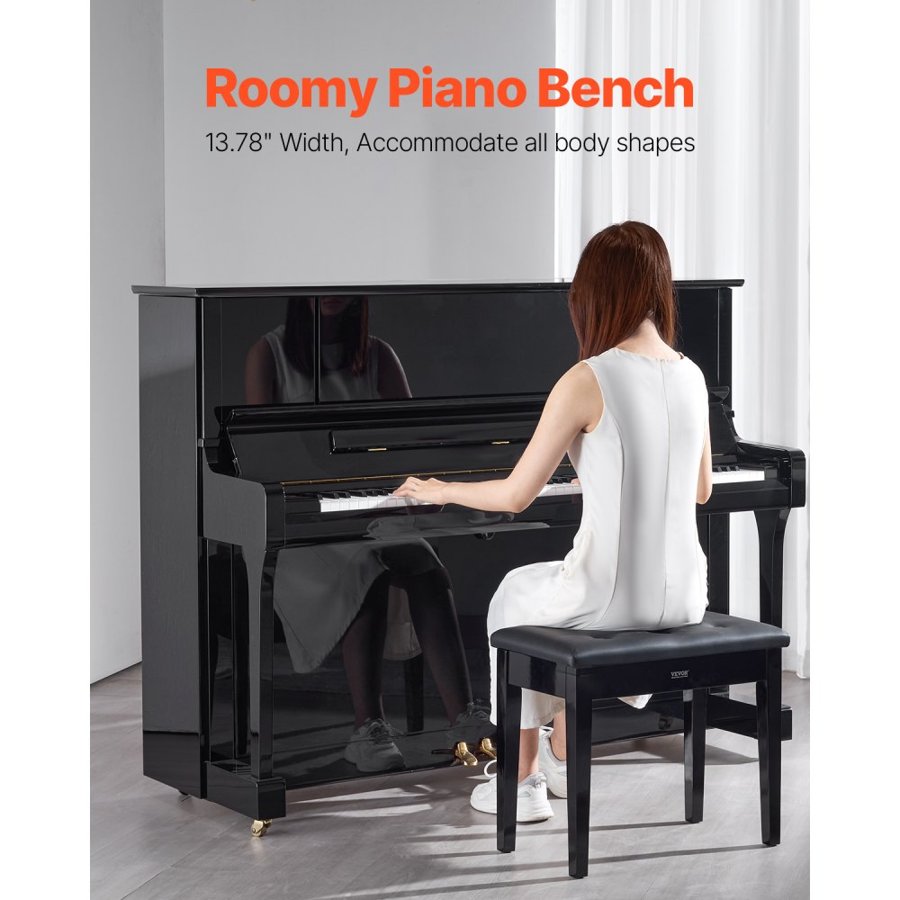 VEVOR Piano Keyboard Bench Storage Padded Seat Wooden Vanity Bookcase Stool 560x350x485mm