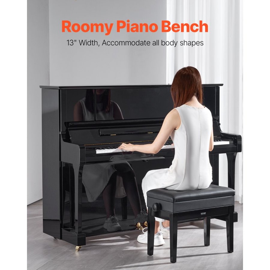VEVOR Adjustable Piano Keyboard Bench Storage Padded Seat Wooden Bookcase Stool 56x34x49cm