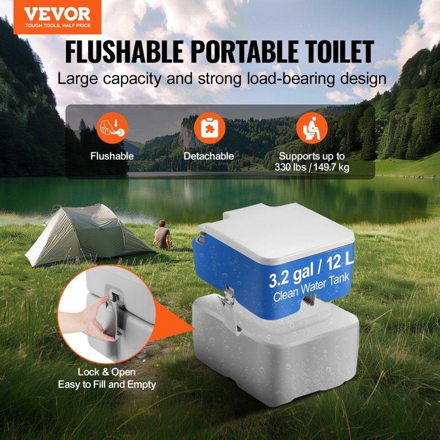 VEVOR Portable Toilet Flush Travel Camping 20.1 L Commode Potty with Carry Bag