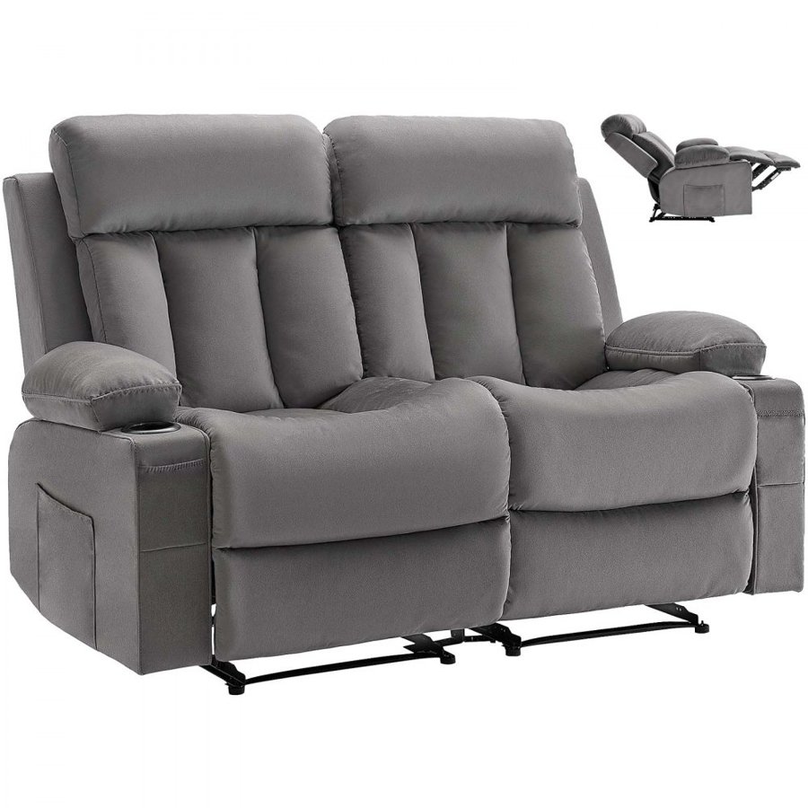 VEVOR Loveseat Recliner Sofa, Power Reclining Couch with Heating and Massage, Soft Velvet Electric Recliner Sofa with USB Ports, Cup Holders and Side Bags, Dual Loveseat Chair for Living Room, Grey