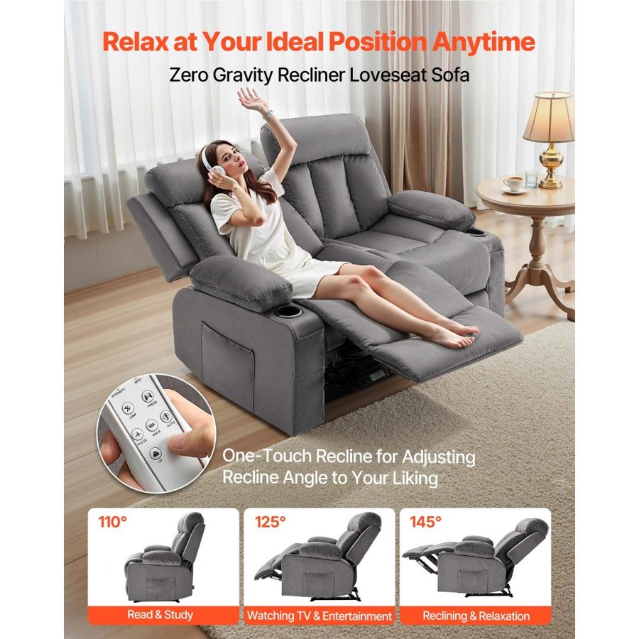 VEVOR Loveseat Recliner Sofa, Power Reclining Couch with Heating and Massage, Soft Velvet Electric Recliner Sofa with USB Ports, Cup Holders and Side Bags, Dual Loveseat Chair for Living Room, Grey