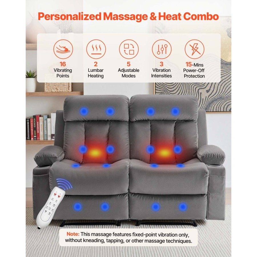 VEVOR Loveseat Recliner Sofa, Power Reclining Couch with Heating and Massage, Soft Velvet Electric Recliner Sofa with USB Ports, Cup Holders and Side Bags, Dual Loveseat Chair for Living Room, Grey