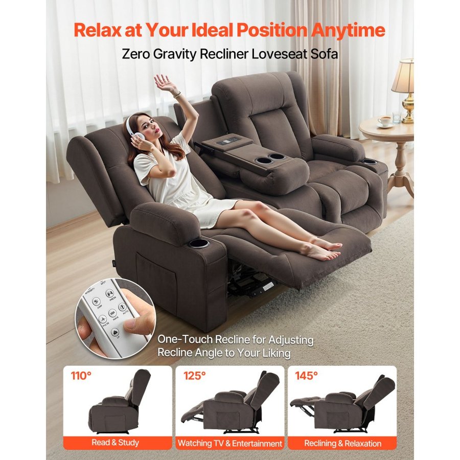 VEVOR Loveseat Recliner Sofa, Power Reclining Couch with Heating & Massage, Suede Electric Recliner Sofa with Center Console, USB Ports, Cup Holders & Side Bags, Dual Loveseat Chair for Living Room