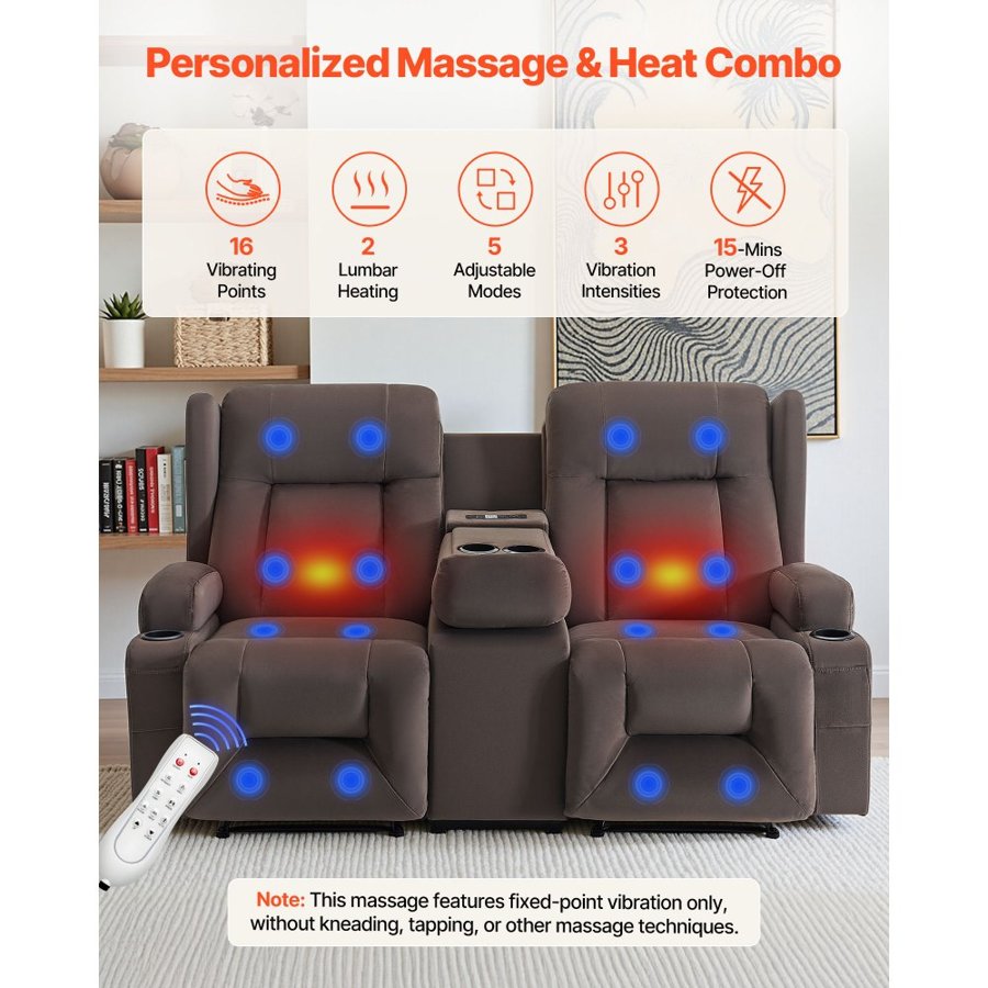 VEVOR Loveseat Recliner Sofa, Power Reclining Couch with Heating & Massage, Suede Electric Recliner Sofa with Center Console, USB Ports, Cup Holders & Side Bags, Dual Loveseat Chair for Living Room