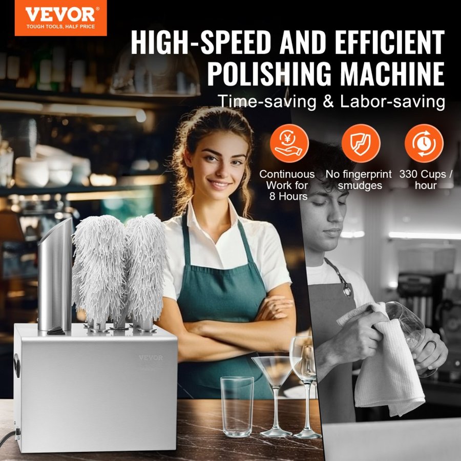 VEVOR Wine Glass Polisher Machine, 5-Brush Glass Polishing Machine, 330 Cups/Hour Electric Commercial Glass Polisher for Champagne Glasses, Beer Cups, Mugs, Perfect for Bar Restaurant Kitchen