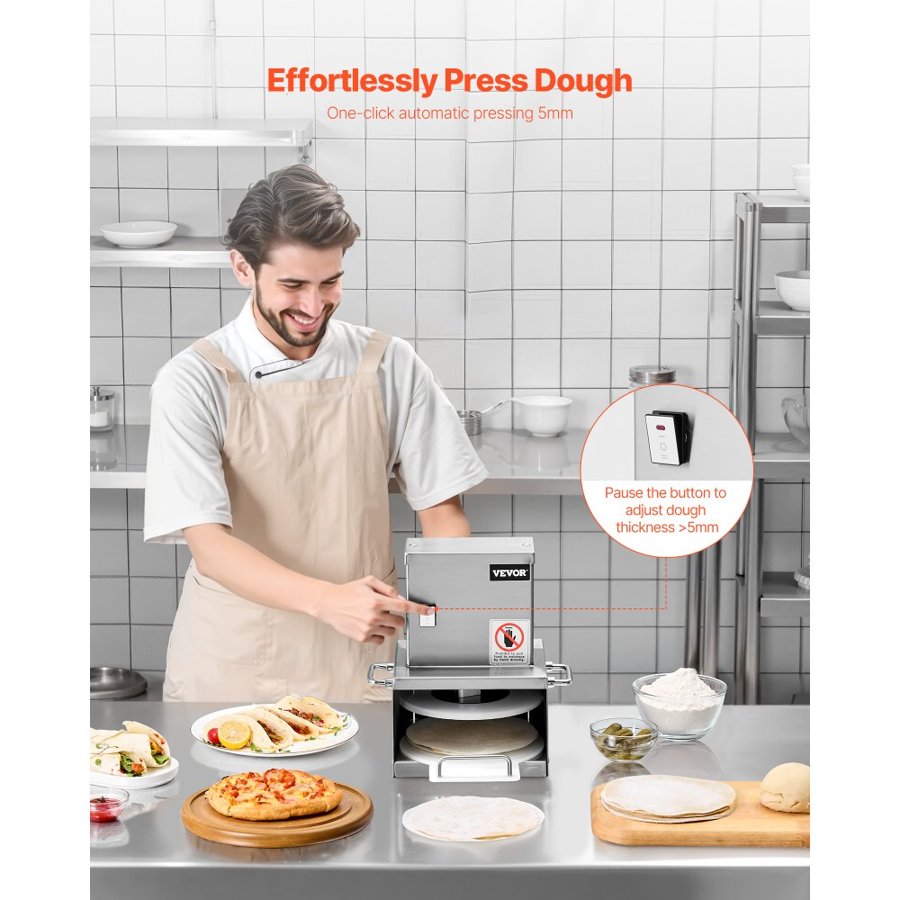 VEVOR Electric Pizza Dough Press Machine, 6 inch Pizza Pastry Press Plate, Stainless Steel Bread Presser, Adjustable Thickness Commercial Forming Machine, with 100 Pcs Parchment Paper
