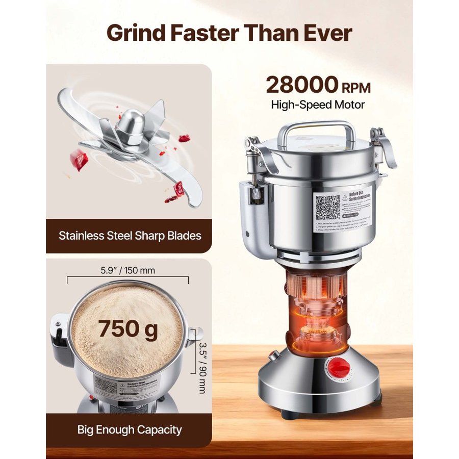 VEVOR Dry Food Grinder Machine – 2000W, 750g, 30-300 Mesh