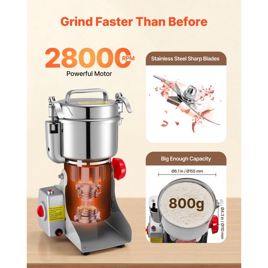 VEVOR Commercial Electric Spice Grinder – 2100W, 800g