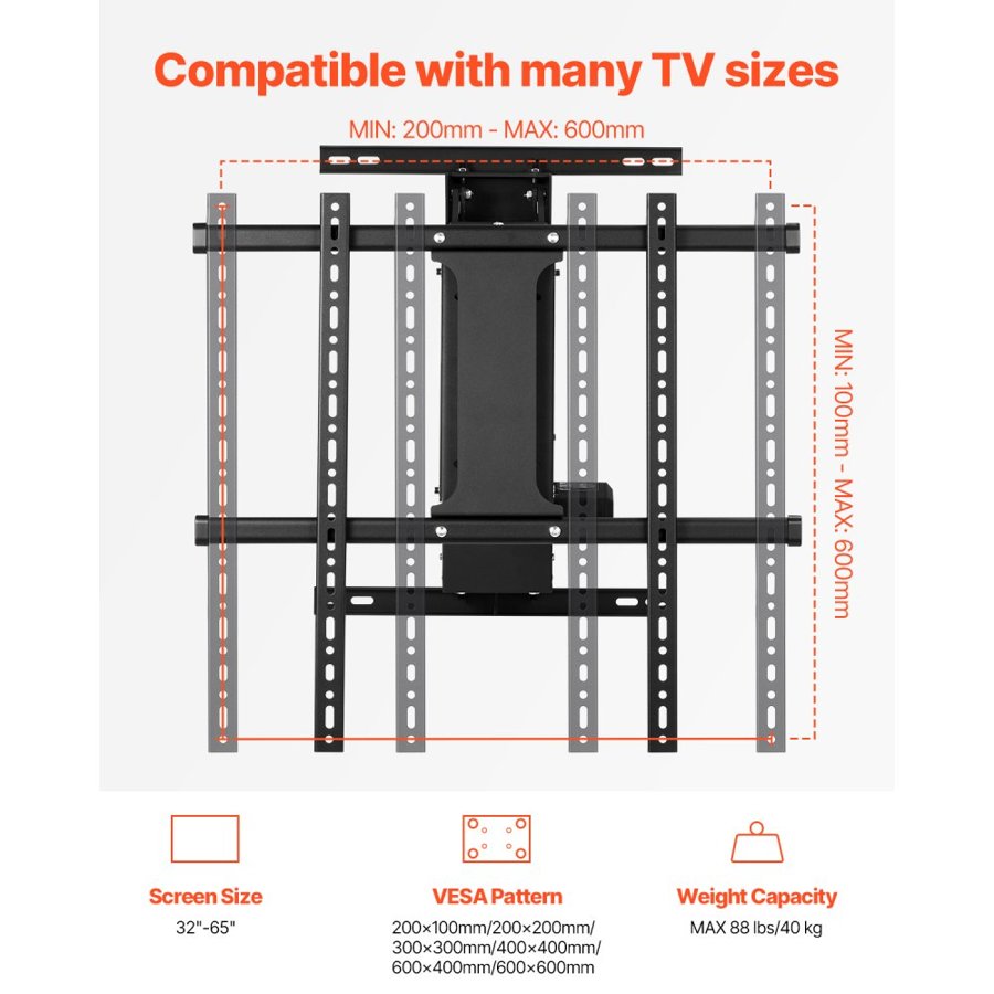 VEVOR Motorized TV Wall Mount, TV Mount for 32 to 65 Inch TV, Electric Adjustable Ceiling TV Mount, Motorized Flip Down TV Mount Bracket with Max VESA 24 x 24 in, Fits TVs Up to 88 lbs