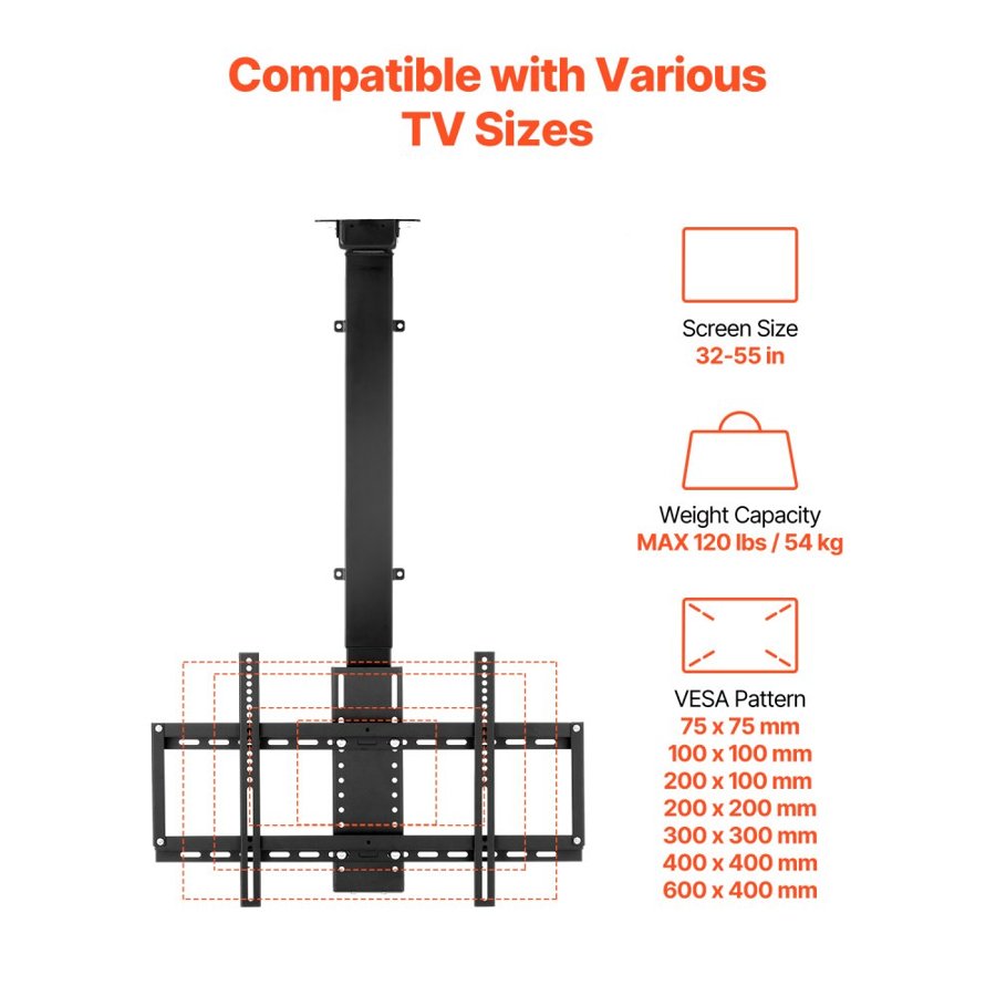 VEVOR Motorized Ceiling TV Mount, TV Wall Mount for 32 to 55 Inch TV, Electric Adjustable Ceiling TV Mount, Motorized Flip Down TV Mount Bracket with Max VESA 24 x 16 in, Fits TVs Up to 120 lbs