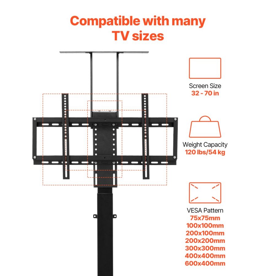 VEVOR Motorized TV Lift Stand, 32-70 Inch, 120 lbs Max Load, Floor Mount, Supports Most VESA Patterns, Ideal for Offices, Living Rooms & More