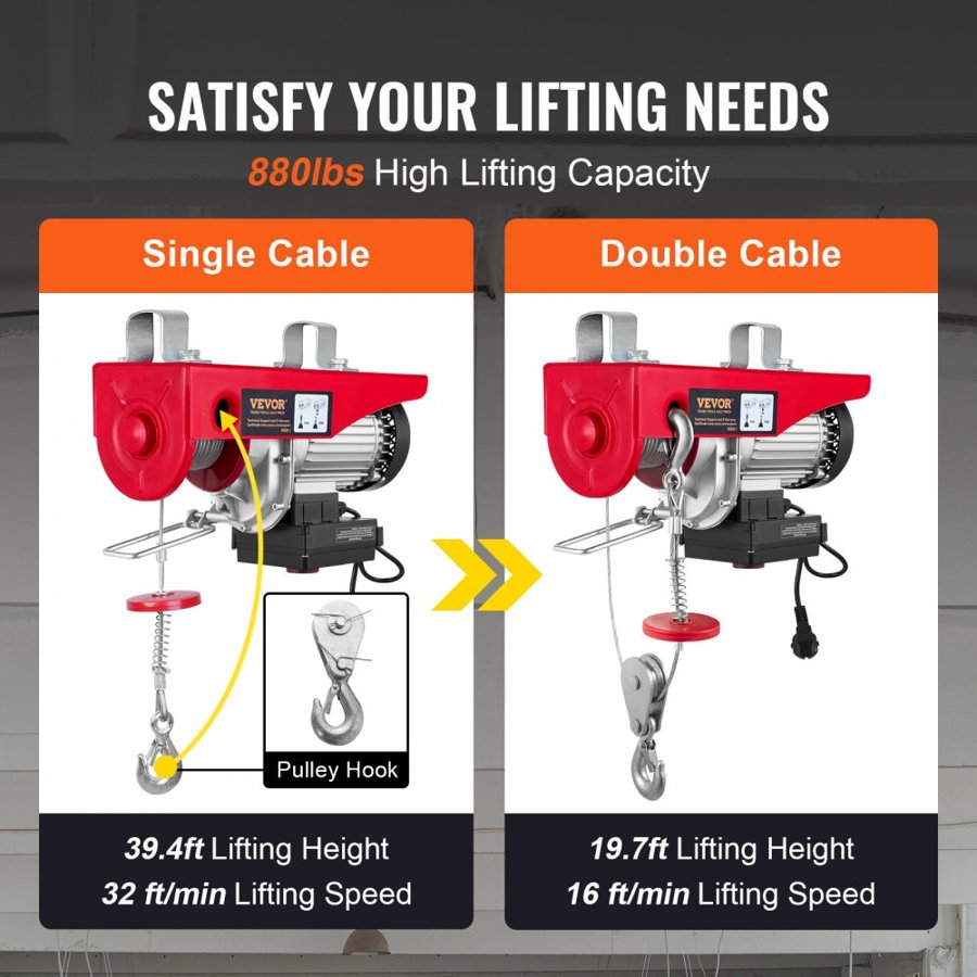 VEVOR Electric Wire Rope Hoist – 880 lbs, 850W