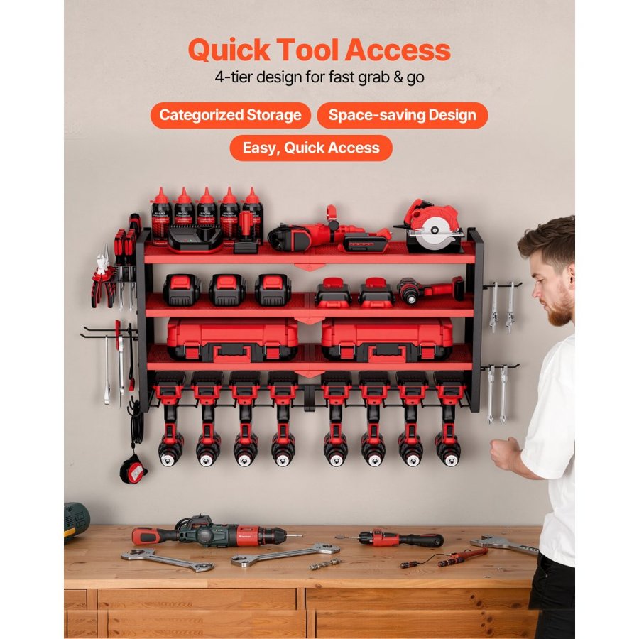 VEVOR Tool Holder for Wall – 4-Tier Rack, 8 Drill Slots