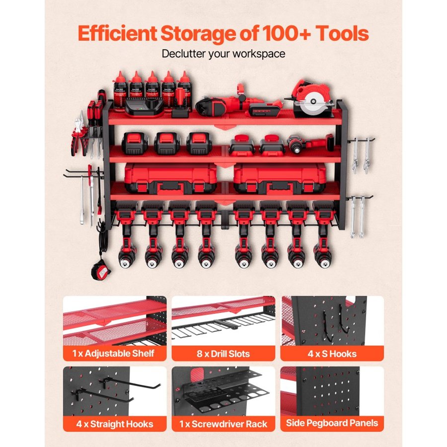 VEVOR Tool Holder for Wall – 4-Tier Rack, 8 Drill Slots