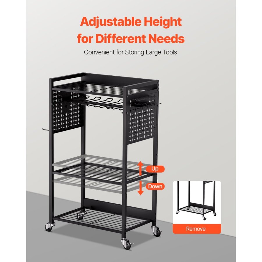 VEVOR 4-tier Tool Organizer Cart, 150 lbs Load Capacity, Floor Stand Rolling Drill Holder and Stability Storage Rack, Heavy Duty Garage Floor Rolling Storage Cart for Workshop, Garage, Black