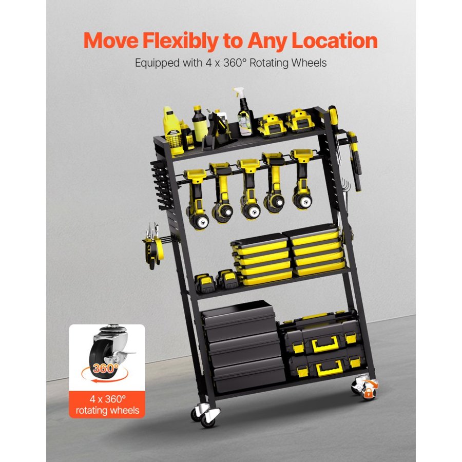 VEVOR 4-tier Tool Organizer Cart, 150 lbs Load Capacity, Floor Stand Rolling Drill Holder and Stability Storage Rack, Heavy Duty Garage Floor Rolling Storage Cart for Workshop, Garage, Black