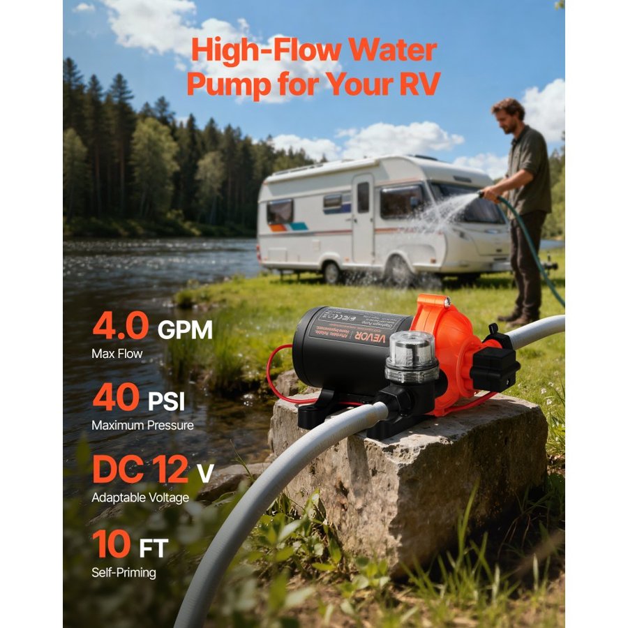 VEVOR 12V RV Water Pump - 4 GPM, 40 PSI, 1/2 Inch Hose