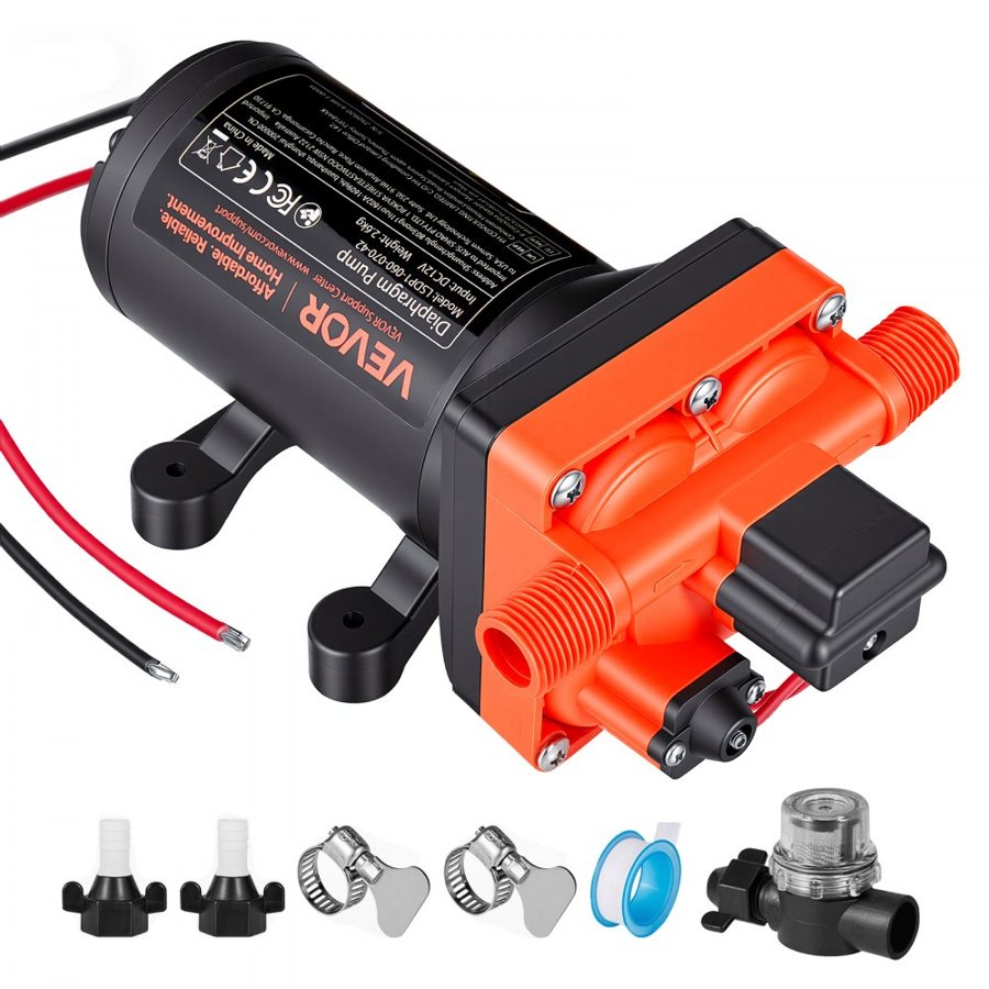 VEVOR RV Water Pump, 12V DC 6 GPM (22.7 L/min), 4-Chamber Self-Priming Diaphragm Water Pump with Automatic Pressure Switch, 70 PSI Max Pressure, On Demand for RV, Caravan, Marine, Yacht, Car Washing