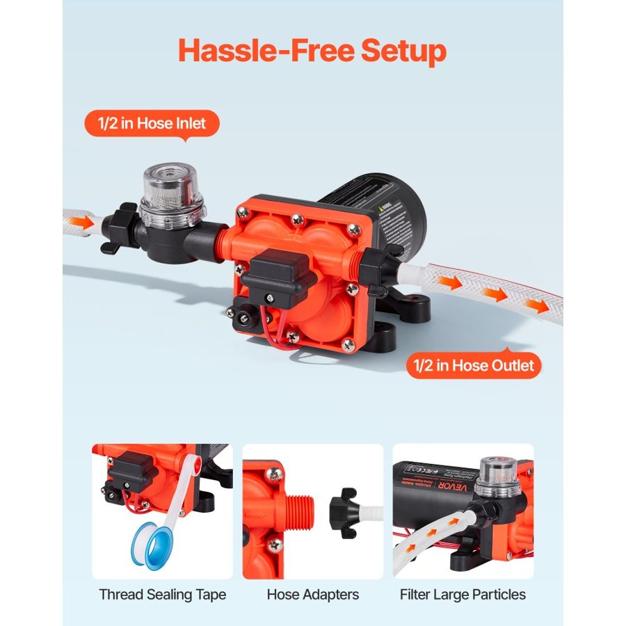 VEVOR RV Water Pump, 12V DC 6 GPM (22.7 L/min), 4-Chamber Self-Priming Diaphragm Water Pump with Automatic Pressure Switch, 70 PSI Max Pressure, On Demand for RV, Caravan, Marine, Yacht, Car Washing