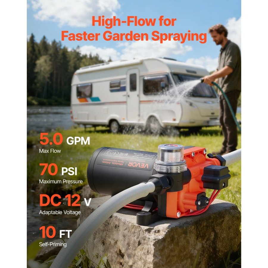 VEVOR 12 Volt RV Water Pump – 5 GPM, 70 PSI, 4-Chamber