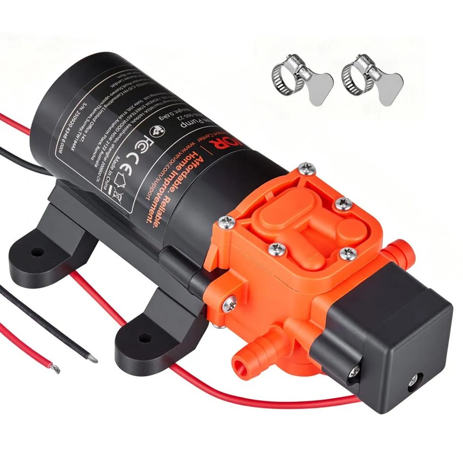 VEVOR Water Pressure Pump, 12V DC 1.2 GPM (4.5 L/min), 2-Chamber Self-Priming Diaphragm Water Pump with 2 Hose Clamps, 80 PSI Max Pressure, Quiet Operation, for RV, Caravan, Marine, Garden Irrigation
