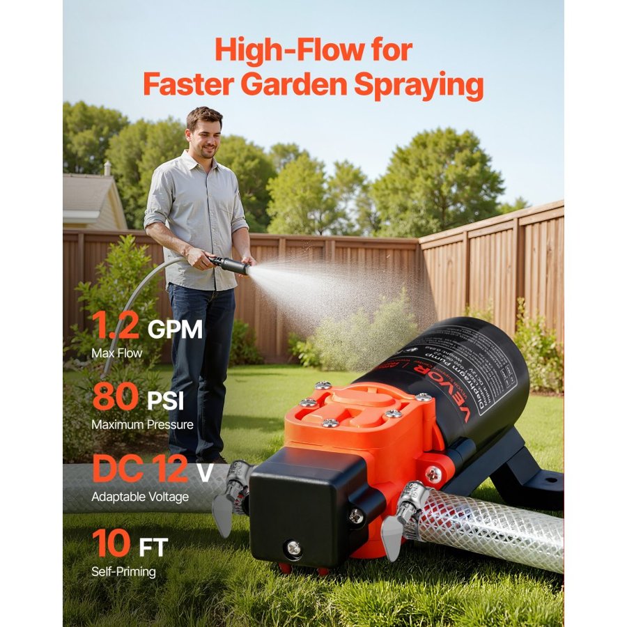 VEVOR Water Pressure Pump, 12V DC 1.2 GPM (4.5 L/min), 2-Chamber Self-Priming Diaphragm Water Pump with 2 Hose Clamps, 80 PSI Max Pressure, Quiet Operation, for RV, Caravan, Marine, Garden Irrigation