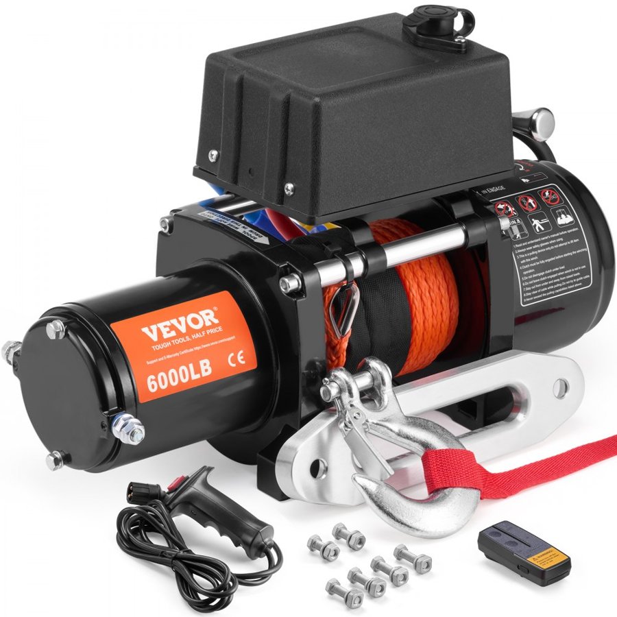 VEVOR 6000 lb Winch Synthetic Rope – 12V DC, Φ1/4 in x 55 ft