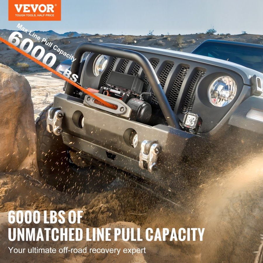 VEVOR 6000 lb Winch Synthetic Rope – 12V DC, Φ1/4 in x 55 ft