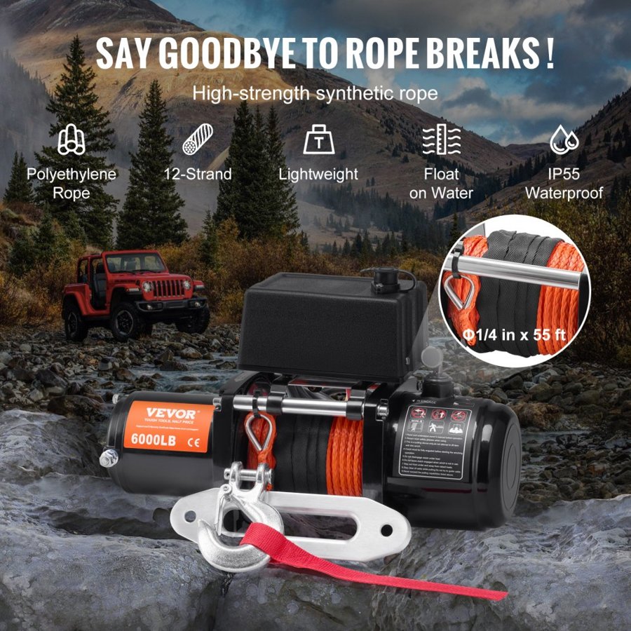 VEVOR 6000 lb Winch Synthetic Rope – 12V DC, Φ1/4 in x 55 ft