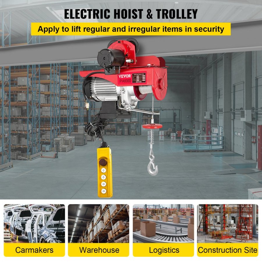 VEVOR Wire Rope Electric Hoist with Trolley – 2200lbs, 1800W